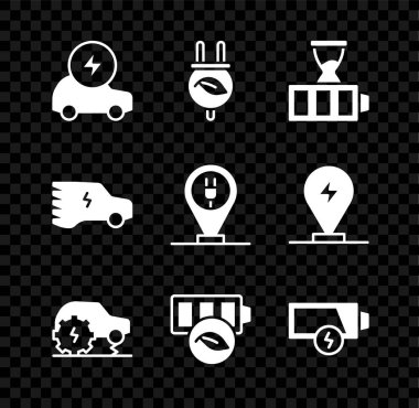 Elektrikli araba tasarruf prizini yaprak batarya şarj hizmetine ayarla Eco Doğa bataryası Düşük ve Şarjlı park elektrik ikonu. Vektör.