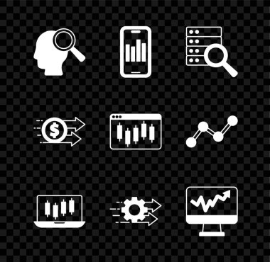 Grafik Sunucu Stokları pazar büyüme grafikleri Zaman Yönetimi Monitör grafikleri Finansal dolar ve Tarayıcı hisse simgesi ile Arama İnsanları 'nı ayarla. Vektör.