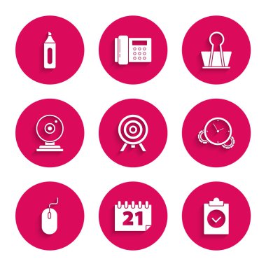 Hedef, Takvim, Tamamlanmış Görev, Zaman Yönetimi, Bilgisayar faresi, Web kamerası, Binder klipsi ve İşaretleyici kalem simgesini ayarla. Vektör