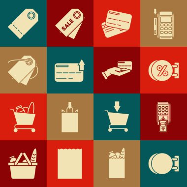 İmza tahtası asma, yazma indirimi, kredi kartı, boş etiket fiyat etiketi ve insan eli kredi simgesini ayarlayın. Vektör