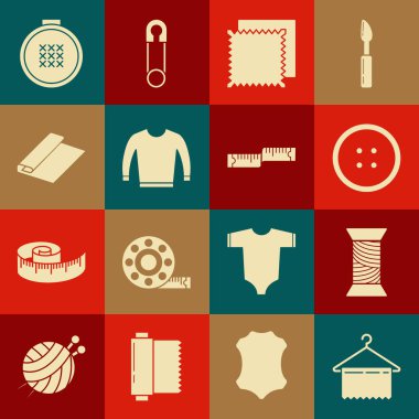 Askı dolabını, dikiş ipliğini, elbise düğmesini, kumaş rulosunu, süveteri, yuvarlak işlemeli çember ve bant ölçü simgesini ayarla. Vektör