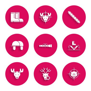 Keskin nişancı optik görüşünü ayarla, geyikleri hedef al, ayı, tuzak avı geyik boynuzları, avcı şapkası, av kemeri kartuşları ve bot ikonu. Vektör