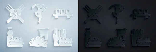 Set vaso de papel y taco con tortilla, sushi en tabla de cortar, botella de hamburguesa de agua, caja de cartón de papas fritas Burger, pizza Slice e icono de tenedor cruzado. Vector — Vector de stock