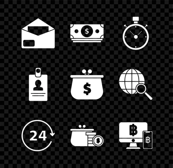 Envelope, Stacks paper money, Stopwatch, Clock 24 시간 , Wallet with coin, Computer monitor mobile phone and bitcoin, Identification badge 및 dollar signature icon. Vector — 스톡 벡터