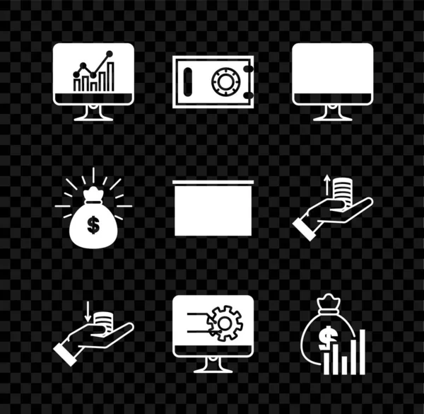 Définir un écran d'ordinateur avec graphique, coffre-fort, écran, main d'argent, diagramme de sac et icône tableau. Vecteur — Image vectorielle