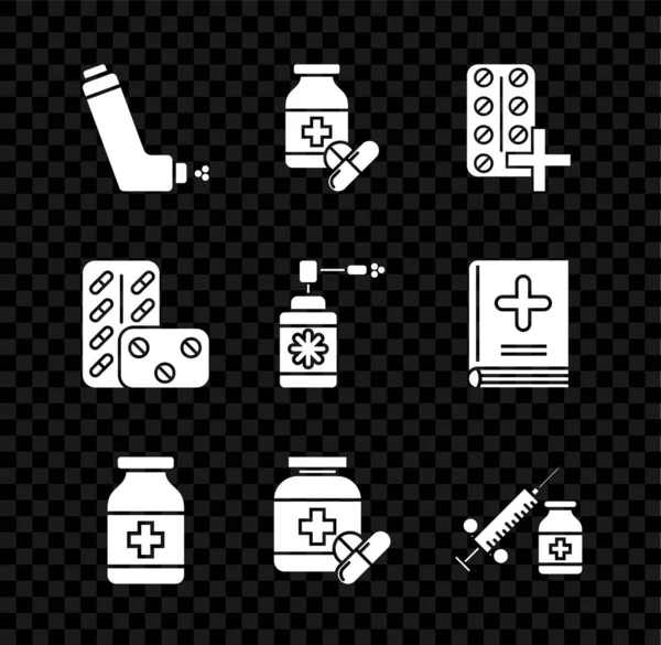 Set Inhalador, frasco de medicamento y pastillas, blister de pastillas, jeringa médica con vial o ampolla de aguja e icono de spray de boquilla. Vector — Archivo Imágenes Vectoriales