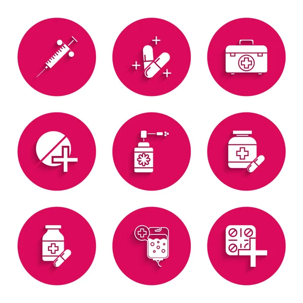 Set Medical bottle with nozzle spray, IV bag, Pills in blister pack, Medicine and pills, or tablet, First aid kit and Syringe icon. Vector — Stock Vector