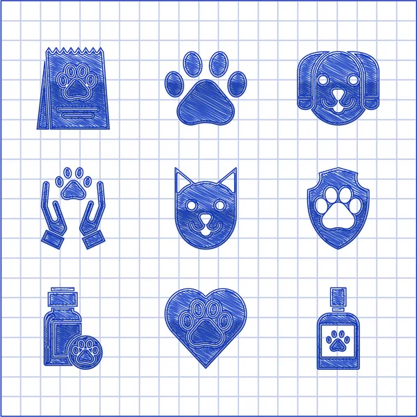 Set Cat, Hart met dieren voetafdruk, Hond medicijn fles, Diergezondheid verzekering, Handen, en Zak van voedsel voor hond pictogram. Vector — Stockvector