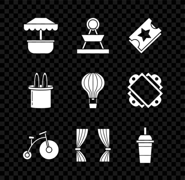 Set attractie draaimolen, Ticket, Vintage fiets met een groot wiel en een klein, Gordijn, Papier glas drinken strowater, Magician hoed konijn oren en Hot air ballon pictogram. Vector — Stockvector