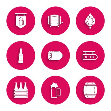 Salam sosisi, bir bardak bira, tahta fıçı, yazıtlı sokak tabelası bira, paket şişeleri, Hop ve cam ikon. Vektör
