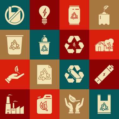 Geri dönüşümlü plastik poşet, pil, çevre dostu ev, sembol ve teneke kutu, geri dönüşüm kutusu plastik torba posterine ve yaprak ikonuna hayır de. Vektör