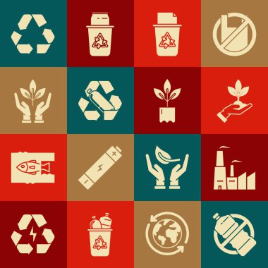 Plastik şişe, Fabrika, Çevre Koruma, Geri Dönüşüm sembollü Geri Dönüşüm Kutusu, ve ikon. Vektör