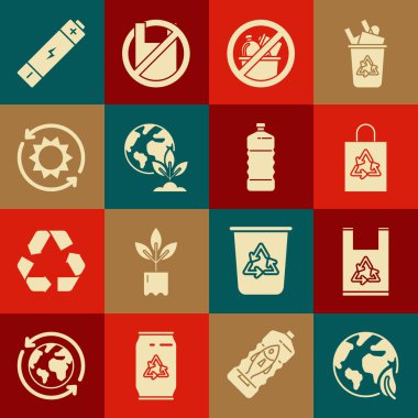 Dünya küresi ve yaprak, geri dönüşümlü plastik torba çöp yok, bitki yok, güneş enerjisi paneli, pil ve şişe ikonu. Vektör
