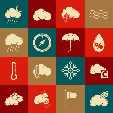 Bulutlu Gökkuşağı, Celsius ve, su damlası yüzdesi, Bulut karı, Rüzgar gülü, yağmur, ay ve klasik şemsiye simgesi. Vektör