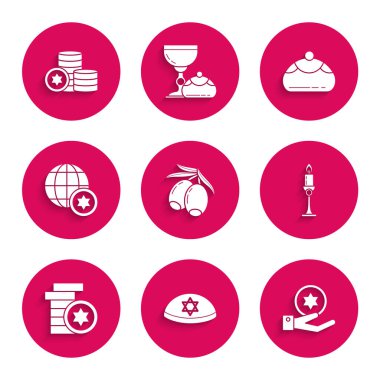 Zeytin dalı uzat, Yahudi kippah David 'in yıldızı elinde bozuk para, yanan mum şamdanı, Dünya Küre İsrail, tatlı fırın ve ikon. Vektör