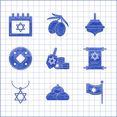 Hanukkah dreidel ve sikke, Yahudi pastanesi, İsrail bayrağı, Tevrat tomarı, Star David kolyesi ve yıldız David ikonu olan takvim. Vektör