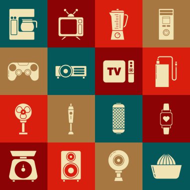 Citrus meyve sıkacağı, elektrik bankası farklı şarj kablosu, blender, Gamepad, kahve makinesi cam kap, TV kutusu alıcısı ve oyuncu uzaktan kumanda ikonu. Vektör