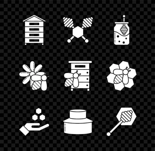 Set Colmena para abejas, Barra de miel, Tarro de miel y miel, Panal de abeja, Apicultor con sombrero protector, flor e icono. Vector — Vector de stock