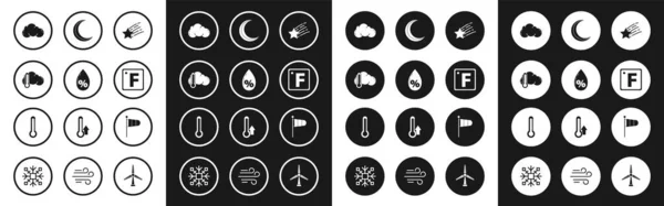 Set Falling star, Water drop percentage, Thermometer and cloud, Cloud, Fahrenheit, Moon stars, Cone meteorology windsock wind vane and icon. Vector — Stock Vector