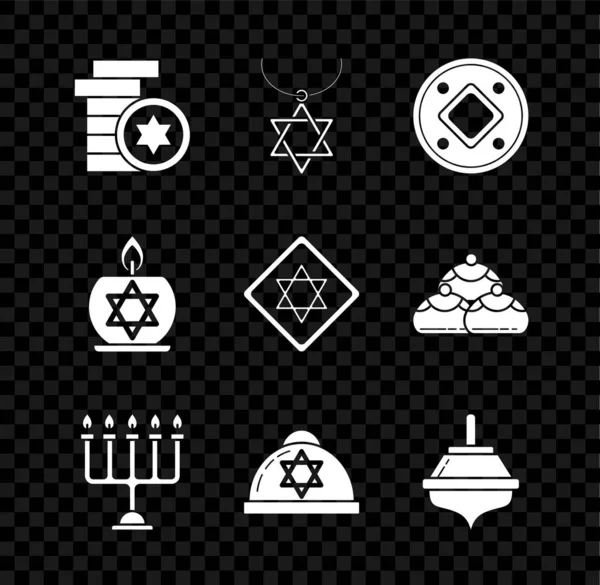 Conjunto de moneda judía, Estrella de David collar en cadena, Hanukkah menorah, kippah con estrella David, dreidel, candelabro de vela ardiente y el icono. Vector — Vector de stock