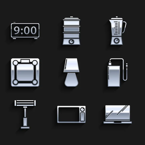 Set Tafellamp, Magnetron, Laptop, Power bank met verschillende oplaadkabel, Elektrische kachel, Badkamerweegschalen, Blender en Digitale wekker pictogram. Vector — Stockvector