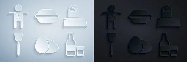 Set Hühnerei, Waage, Spachtel, Glasflasche mit Milch und Glas, Macaron-Plätzchen und Lebkuchen-Männchen-Symbol. Vektor — Stockvektor