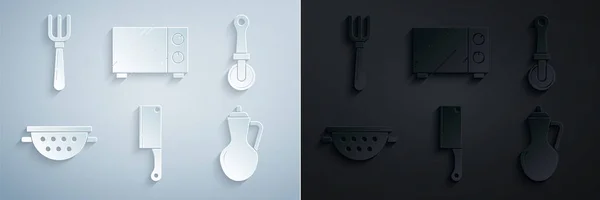 Húsdaráló, Pizza kés, Konyha színező, Egy üveg olívaolaj, Mikrohullámú sütő és villa ikon. Vektor — Stock Vector