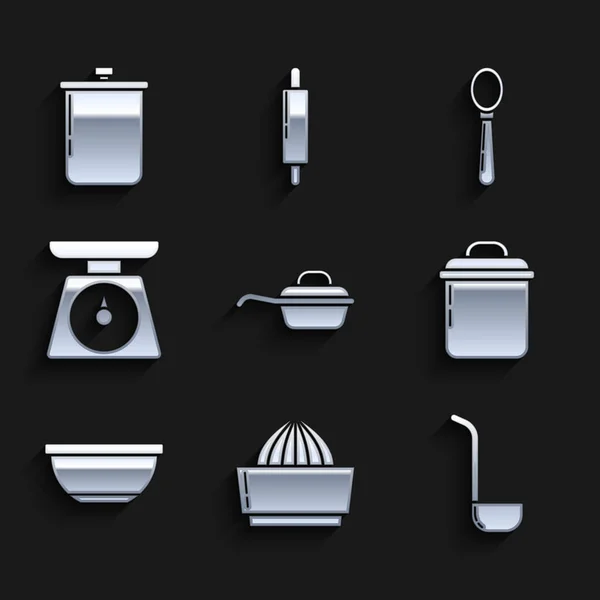 Set poêle, presse agrumes, louche de cuisine, casserole, bol, balances, cuillère et icône. Vecteur — Image vectorielle