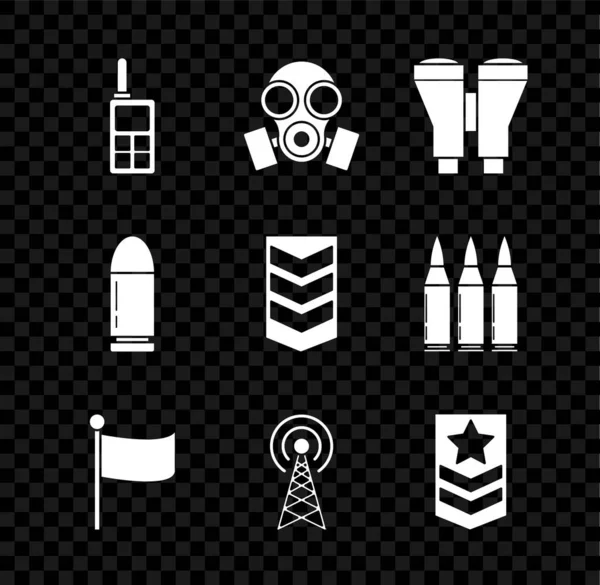 Set Walkie Talkie, Gasmaske, Fernglas, Flagge, Radar, Chevron, Bullet und Military Rang Symbol. Vektor — Stockvektor