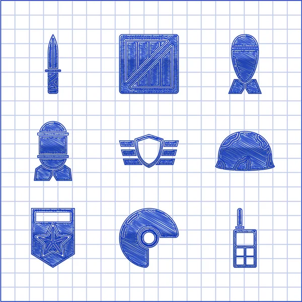 Set Military reward medal, helmet, Walkie talkie, Chevron, Aviation bomb, and knife icon. Vector — Stock Vector