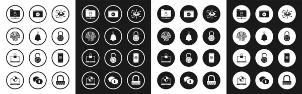 Définir l'analyse des yeux, sonnerie, empreinte digitale, dossier FTP et verrouillage, roue de combinaison sûre, Sécuriser votre site avec HTTPS, SSL, scanner d'empreintes digitales Smartphone et icône de l'ordinateur portable. Vecteur — Image vectorielle