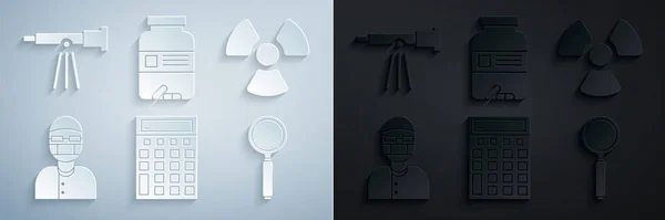 Set Taschenrechner, Radioaktivität, Assistent, Lupe, Medizin-Flasche und Pillen und Teleskop-Symbol. Vektor — Stockvektor