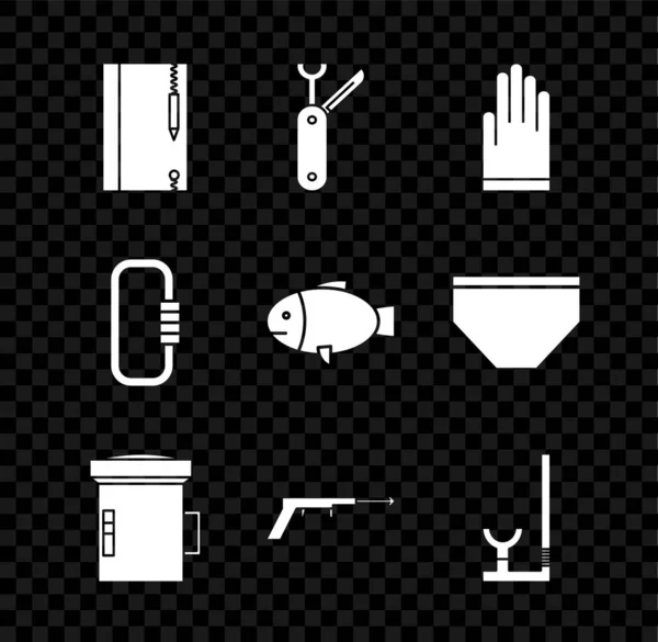 Set Podvodní poznámkový blok a tužka, Švýcarský armádní nůž, rukavice, Velká baterka pro potápěče, Rybářská harpuna, Šnorchl, Karabina a ikona. Vektor — Stockový vektor