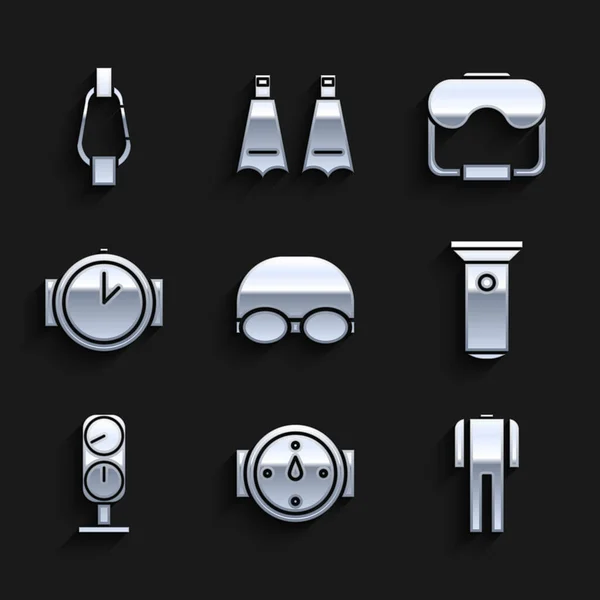 Set Glasses and cap for swimming, Wind rose, Wetsuit scuba diving, Flashlight, Gauge scale, Diving watch, mask and Carabiner icon. Vector — Stock Vector