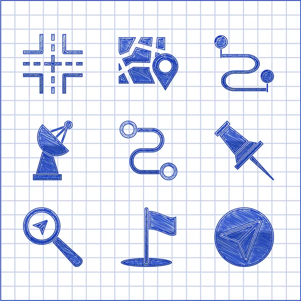 Stel de routelocatie, vlag, papieren vliegtuig, drukknop, zoeken, Radar, en het pictogram van het verkeersbord. Vector — Stockvector