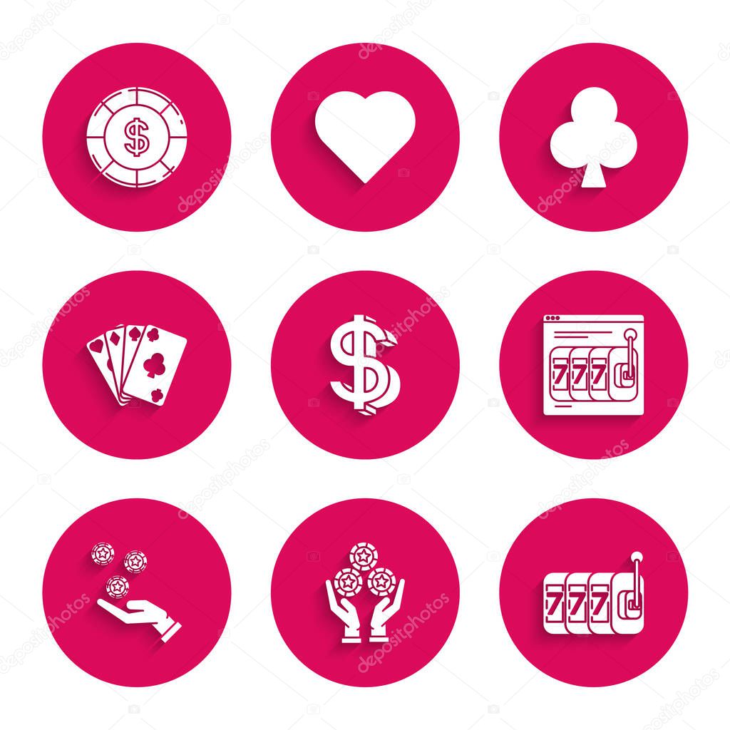 Set Dollar symbol, Hand holding casino chips, Slot machine with lucky sevens jackpot, Online slot, Playing cards, clubs and Casino dollar icon. Vector