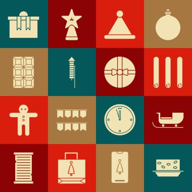 Fındıklı Nougat, Noel Baba kızağı, üç rulo tarçın, Noel Baba şapkası, Havai fişek roketi, çikolata, hediye kutusu ve ikon. Vektör