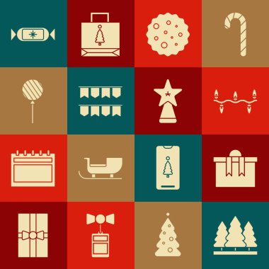 Noel ağaçları, hediye kutusu, ışıklar, çikolatalı kurabiye veya bisküvi, karnaval çelengi bayrakları, lolipop, şeker ve yıldız ikonu. Vektör