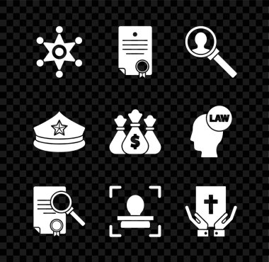 Hexagram şerifi, sertifika şablonu, arama için büyüteç, yüz tanıma, kutsal İncil 'e yemin, polis şapkası ve para çantası ikonu. Vektör
