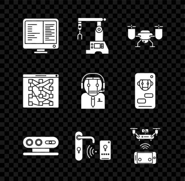 Bilgisayar monitörü, 3D tarama sistemi, kablosuz kablosuz kilit açma teknolojisi, uzaktan kumandalı hava aracı, küresel sosyal ağ ve işçi robot simgesi ayarla. Vektör