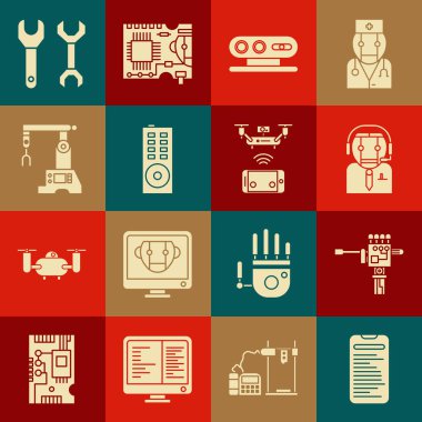Bilgisayar api arayüzü, mekanik robot el ve tornavida, İşçi, 3d tarama sistemi, uzaktan kumanda, montaj hattı, Spanner ve hava aracı simgesini ayarla. Vektör