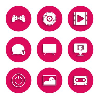 Smart Tv, Picture peyzajı, Retro ses kaseti, konuşma balonunda nefret, Power Butonu, Speech chat, Play Video ve Gamepad simgesini ayarlayın. Vektör