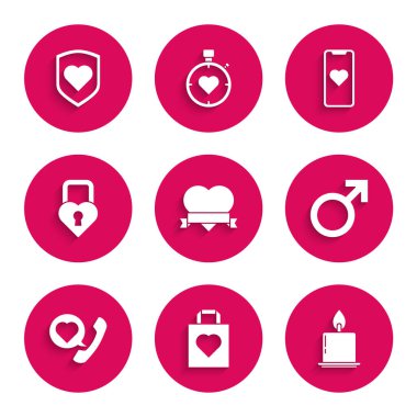 Kalp ve kurdele, kalbi olan alışveriş torbası, yanan mum, cinsiyet sembolü, telefon konuşma balonu, Castle 'ın şekli, mobil ve kalkan ikonu. Vektör