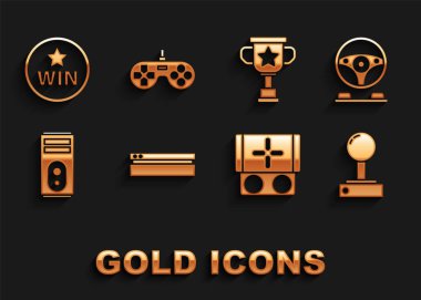 Video oyun konsolunu, yarış simülatörü kokpitini, atari makinesi için Joystick, taşınabilir video, bilgisayar, ödül kupası, madalya ve Gamepad simgesini ayarlayın. Vektör