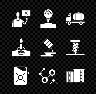 Doğa koruma protestosu, ölçü ölçeği, tanker kamyonu, motor yağı tenekesi, molekül, petrol endüstrisi fabrikası, yangın ve fıçı sızıntısı ikonu. Vektör