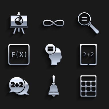 Hesaplamayı, zil, hesap makinesi, hesap makineli tablet, denklem çözeltisi, fonksiyon matematiksel sembolü ve tebeşir tahtası diyagramı simgesini ayarla. Vektör