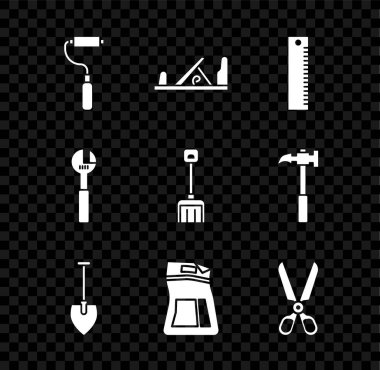 Boya fırçası, tahta uçak aleti, cetvel, kürek, çimento torbası, makas, ayarlanabilir ingiliz anahtarı ve kar küreği ikonu. Vektör