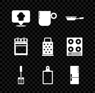 Şef şapkasını konuma göre ayarla, kahve fincanı, kızartma tavası, kesme tahtası, buzdolabı, fırın ve rende ikonu. Vektör