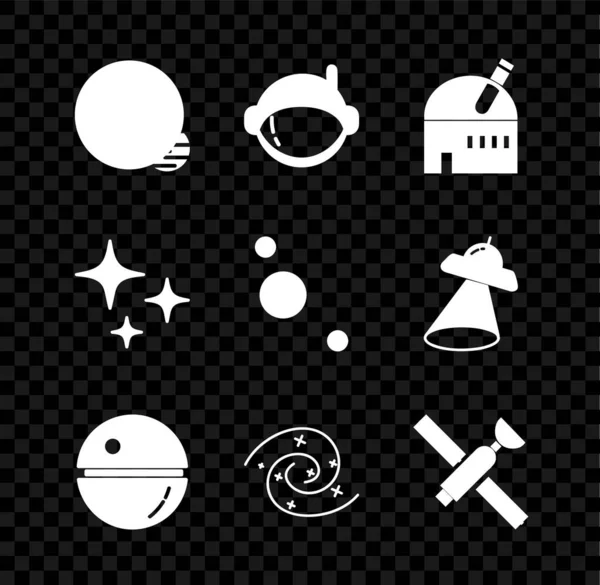 Set Planet, Capacete de astronauta, Observatório astronômico, Estrela da morte, Buraco negro, Satélite, Caindo e ícone do sistema solar. Vetor —  Vetores de Stock