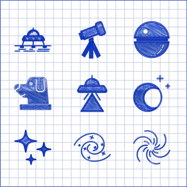 Set UFO fliegendes Raumschiff, Schwarzes Loch, Mond und Sterne, Fallen, Hund Astronautenhelm, Tod und Mars-Rover-Symbol. Vektor — Stockvektor